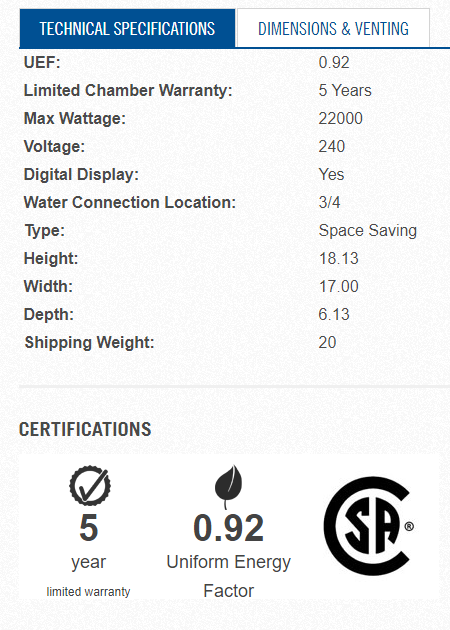 24kW tankless electric water heater specs