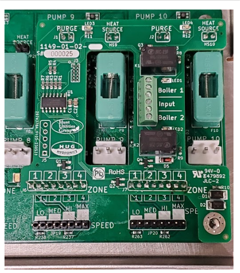 THe off peak boiler coordinator board is in place on the HUG Hydronics In-floor heating  control board