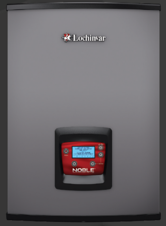 A gray and black wall-hung boiler with a digital display, branded by NOBLE/Lochinvar.