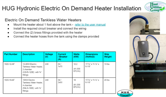 Instructions on the easy to use comboination of the HUG Hydronics in-floor heating system with the on-demand electric heater. Easy as HUG Hydronics