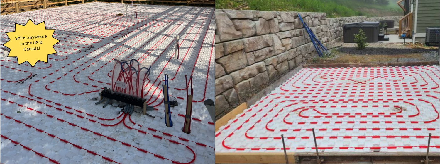 There are 2 pictures of PEX pipes in heat-sheet. One is an outdoor snow melt application the other is a large home application  and it's PEX pipes are connected to the holey hose  holder.  There is a yellow starburst callout with the text "ships anywhere in the US & Canada."