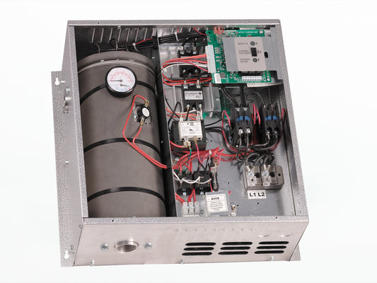 Water heater with top removed, seeing small tanks and electronic compents