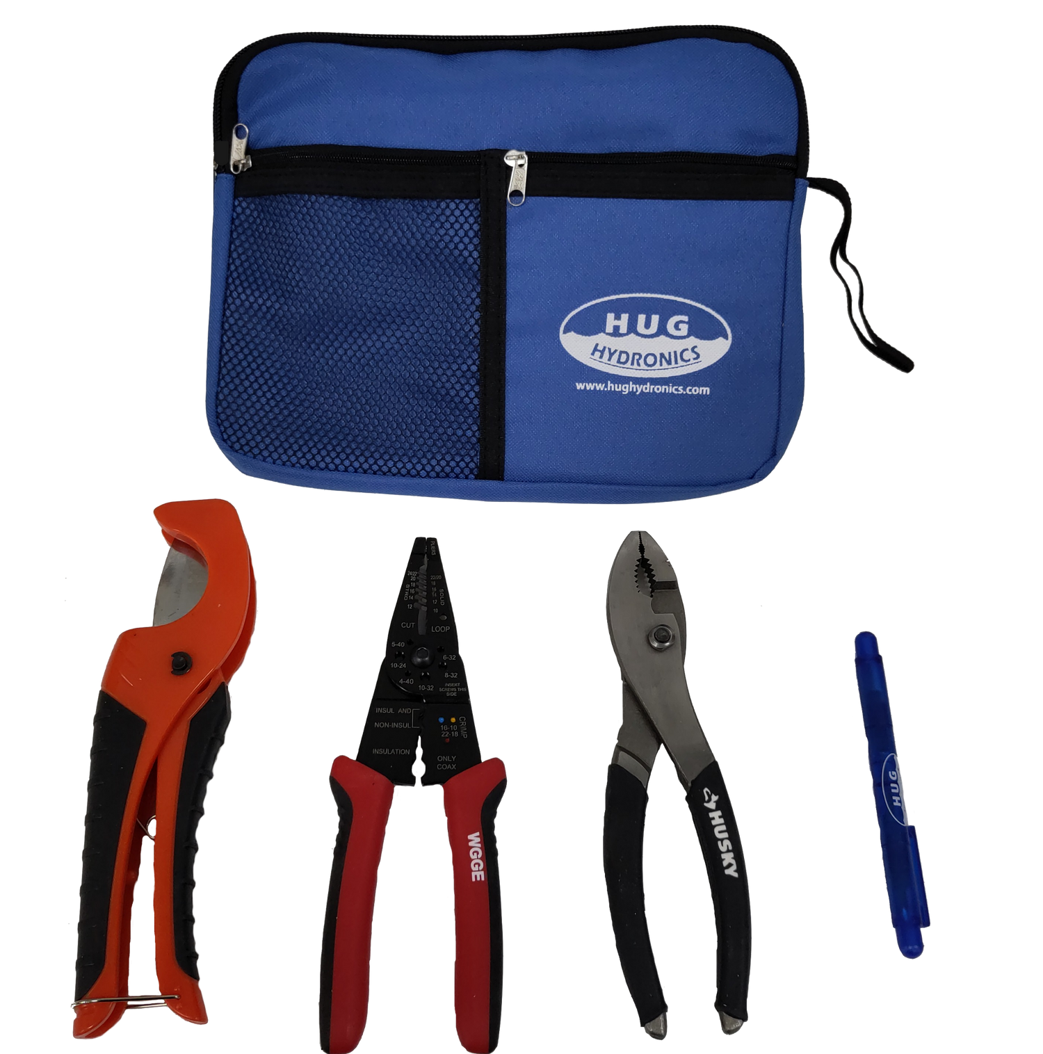 Blue tool bag with tools including a pipe cutter, pliers, and a pen on a white background.