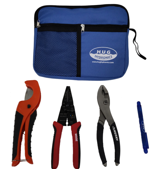 Blue tool bag with tools including a pipe cutter, pliers, and a pen on a white background.