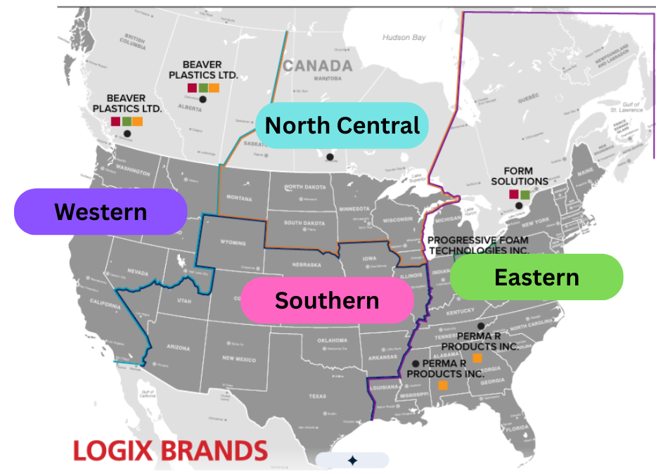 A map of distribution regions for Heat-sheet. North Central comprises central Canada, half of Montana, North Dakota, South Dakota, Minnesota, Wisconsin, and Northern Michigan. Southern comprises Iowa, Nebraska, Wyoming, Southern Utah, Colorado, Southern Nevada, Arizona, New Mexico, Texas, Oklahoma, Missouri, Arkansas, Most of Illinois. Eastern comprises Louisiana, Florida, Mississippi, Alabama, Georgia, Tennessee, Kentucky, Indiana, Ohio, South Carolina, North Carolina, Virginia, Southern Michigan, New York