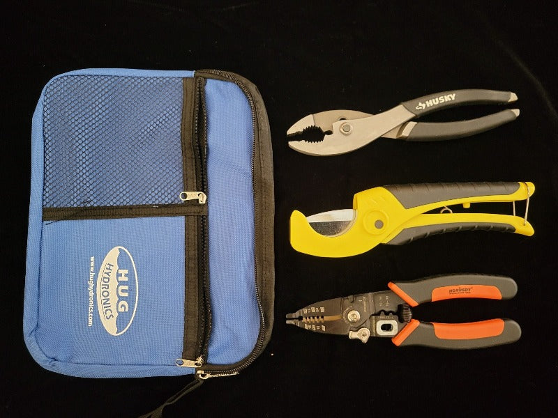 HUG Hydronics in-floor heating tool kit with bag, slip jaw pliers, pipe cutter, multi tool wires stripper