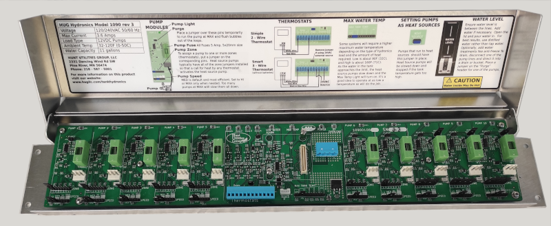 The interior view of the HUG Hydronics radiant in-floor heating system's control board. It can be replaced in minutes no tools needed. Easy as HUG Hydronics.