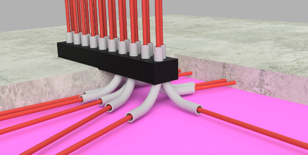 The HUG Hydronics radiant in-floor heating system's holey hose holder's tubing for the in-floor heating pex pipes can rotate to make pex pipe running easy and organized. The HUG Holey hose holder can be embedded in concrete. Easy as HUG Hydronics 