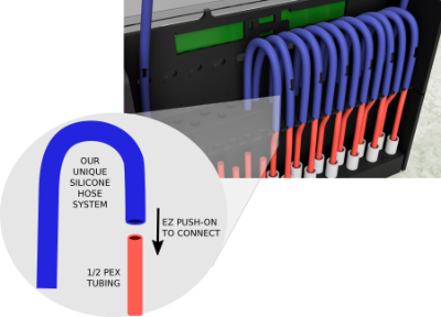 The HUG Hydronics radiant in-floor heating system connects to the in-floor pex heating pipes with no tools needed. Just push the  blue hose of the HUG HYdronics in-floor heating system right on to the pex pipes and secure with a clamp. Easy as HUG Hydronics