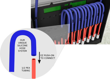 the hoses of the HUG Hydronics radiant in-floor heating  connect with no tools to the in floor heating pex pipes. Easy as HUG Hydronics