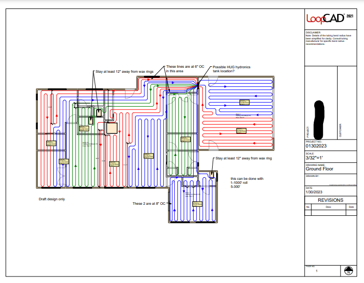 Loop cad layout for in-floor heating pex pipes will look like this with each color being 1 pex loop
